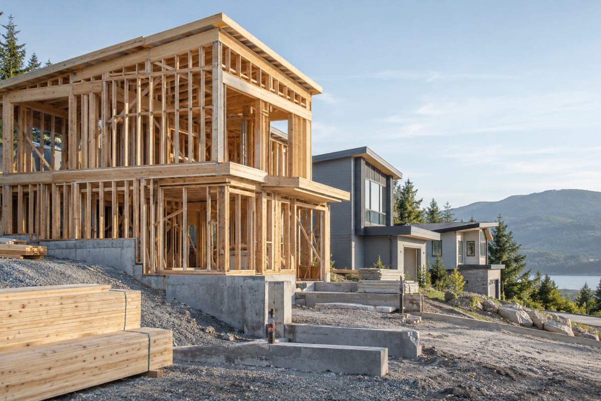 Illustration of homes at different stages of construction, from timber framing to completed exteriors.